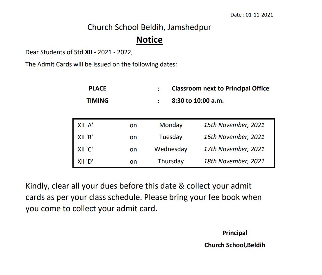 <b>Issue of Council  Admit Card for Class-XII  -1st Semester Exam (01-11-2021)</b>